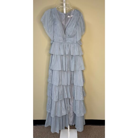 Mac Duggal NWT Flutter Sleeve Ruffle Tiered Gown in Slate Blue Size 8 - Picture 4 of 8